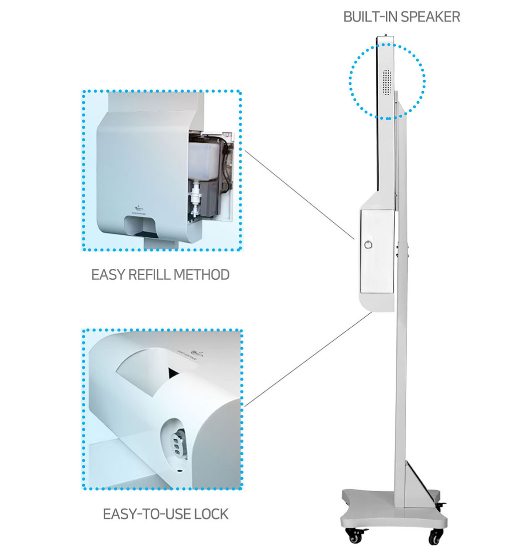 built-in speaker / Easy refill method (Default 1L) / Easy-to-use lock