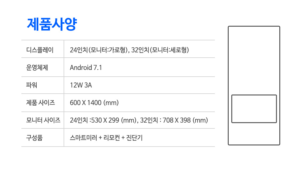 스마트미러 제품사양 : 디스플레이 24인치(모니터:가로형), 32인치(모니터:세로형), 운영체제 : Android7.1, 파워 12W 3A, 제품사이즈 : 600x1400(mm), 모니터사이즈: 24인치-530x299(mm), 32인치-708x398(mm), 구성품 : 스마트미러+리모컨+진단기