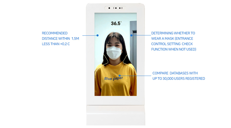 Recommended distance within  1.5M Less than +0.2 c / Determining whether to wear a mask (Entrance control setting check function when not used) / Compare  databases with up to 30,000 users registered
